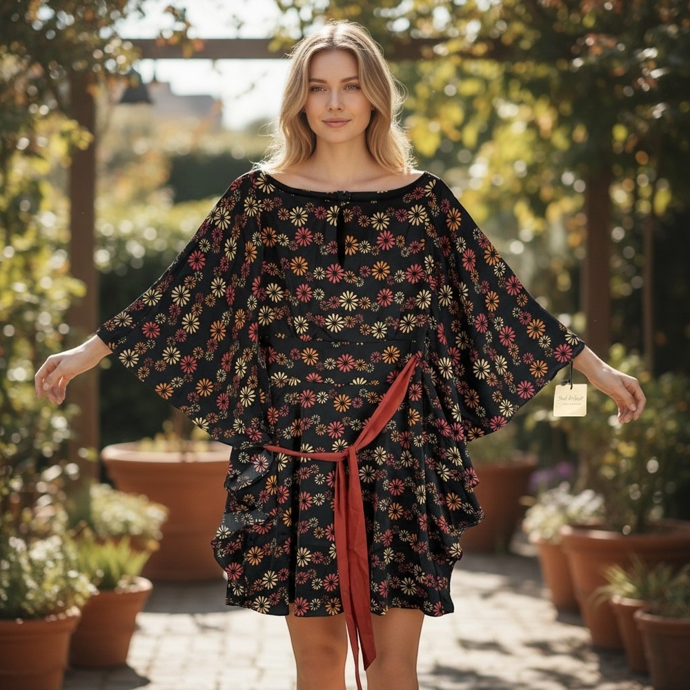Smak Parlour Retro Floral Mini Dress Black Orange Kimono Sleeve NWT SP216 Size S